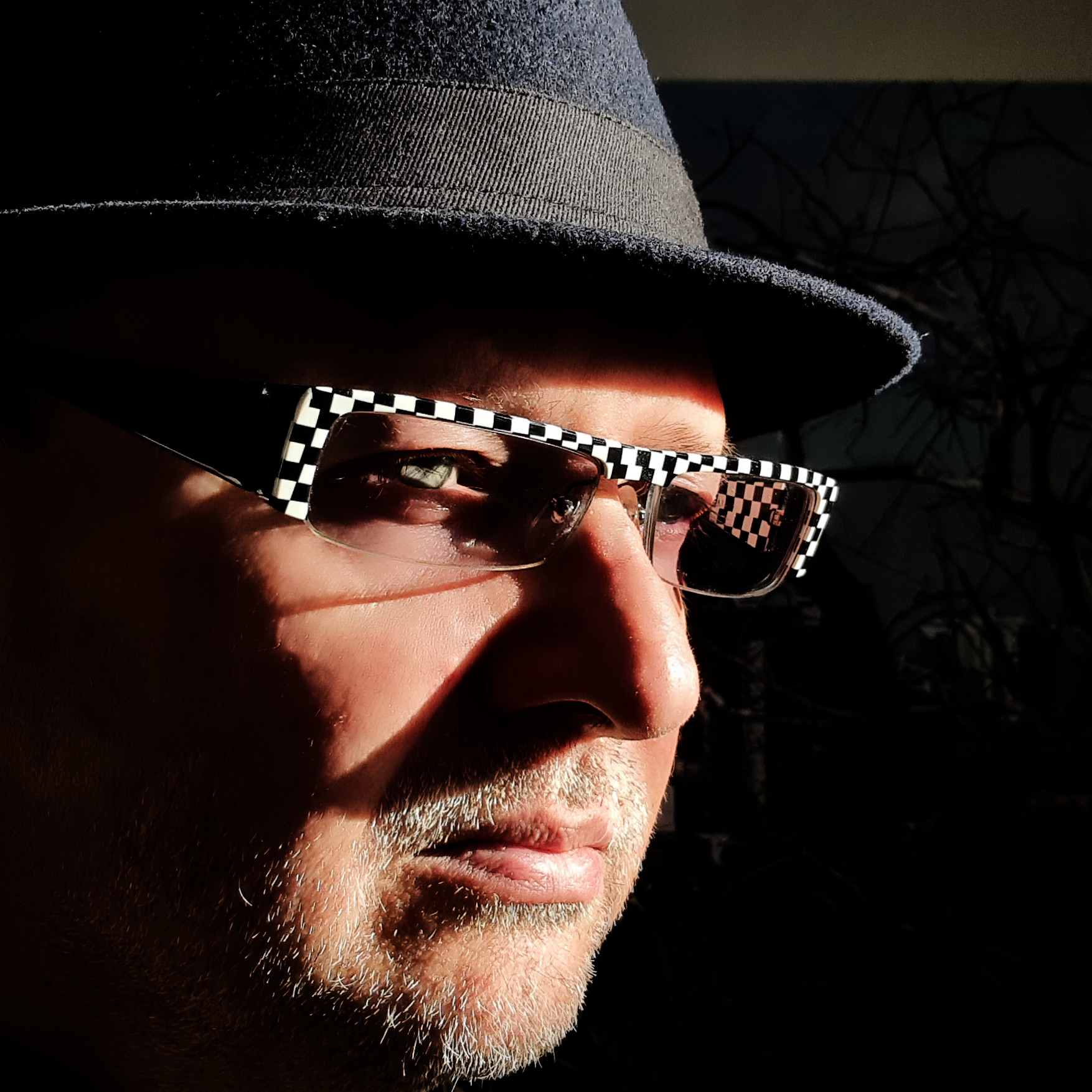 man's face with a hat on and checkered glases