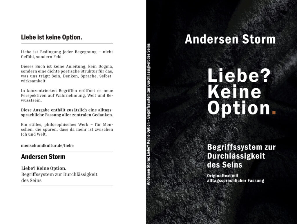 Umschlag des Werkes "Liebe? Keine Option. Begriffssystem zur Durchlässigkeit des Seins" von Andersen Storm